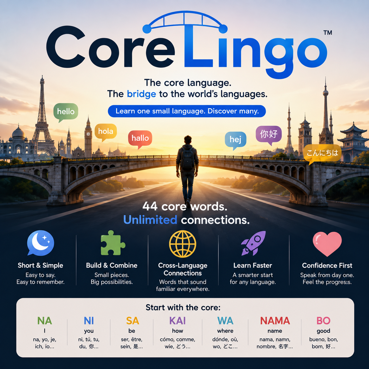 CoreLingo poster: the core language, the bridge to the world's languages